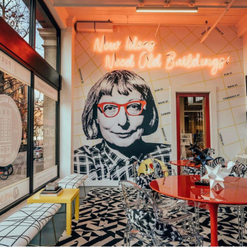 Purse Building Mural of Jane Jacobs